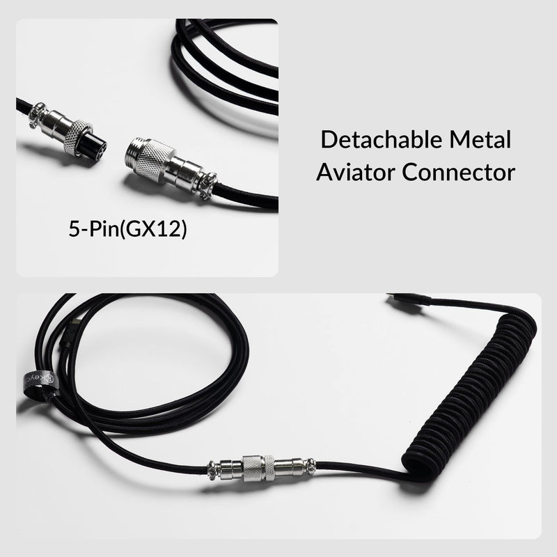 Keychron Custom Coiled USB-C Cable with 5-Pin (GX12) Detachable Aviator Connector, USB-A Adapter, Braided Durable Cable for 8KHz Mechanical Keyboards, 176 cm / 5.77 ft, Charging & Data Transfer, Black