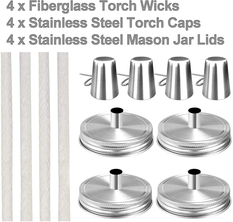 Mason Jar Tabletop Torch Kits,4 Pack Longlife Fiberglass Wicks,Stainless Steel Mason Jar Lids Caps Included,Outdoor Deck Oil Lamp Torch