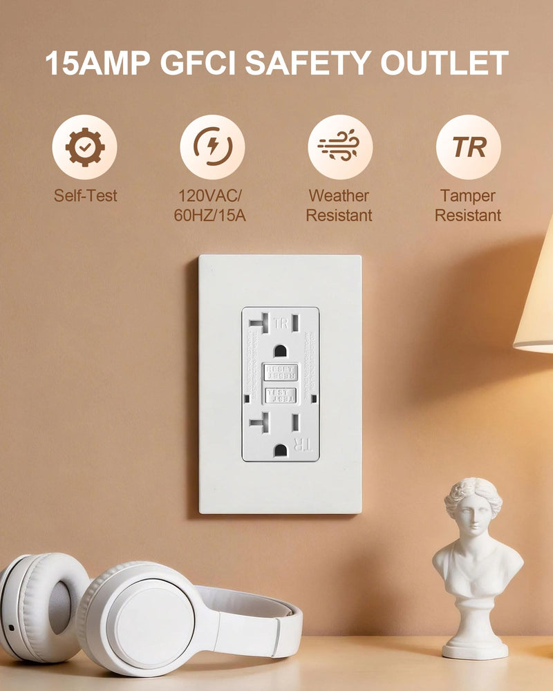 Veltrone GFCI Outlet 15 Amp Tamper-Resistant 2 Pack | UL Listed, GFI Electrical Outlet 15 Amp with Wall Plate White Ground Fault Circuit Interrupter Receptacle