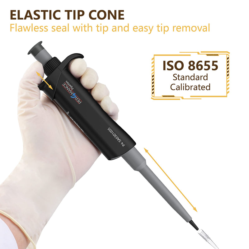 PER4MANCE Pipette - 10~100µL Adjustable Single Channel Pipette, ISO Calibrated Low Plunger-Force Ergonomic Micropipette with Autoclavable Lower and Universal Tip Cone, Ultra-Light Precise Pipettor 10-100µL