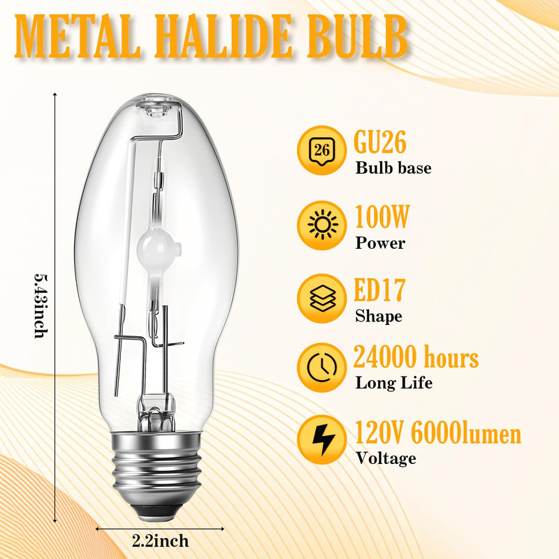 Huquary 3 Pack Lighting Metal Halide Ed17 Bulb, Medium Base (e26), 24000 Hour Span Life, 6000 Lumen, 4000k, Clear Metal Halide Bulb(100 W) 100 Watts
