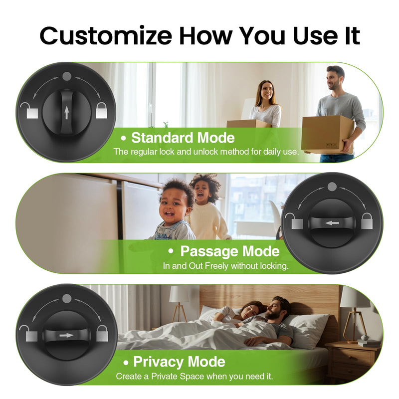 GHome Smart Fingerprint Door Lock, 3 in 1 Smart Fingerprint Door Knob with App Control & Key, Auto Lock, Biometric Thumbprint Door Locks for Bedroom, Garage, Home & Office 3 IN 1 - Black