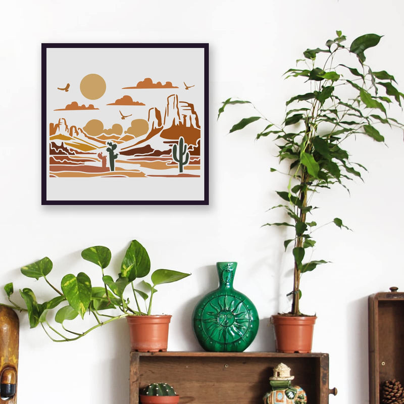FINGERINSPIRE Desert View Stencils 11.7x8.3 inch Plastic Gobi Desert Drawing Painting Stencils Cactus Sun Birds Pattern Wall Stencils Reusable Stencils for Painting on Wood, Floor, Wall and Tile