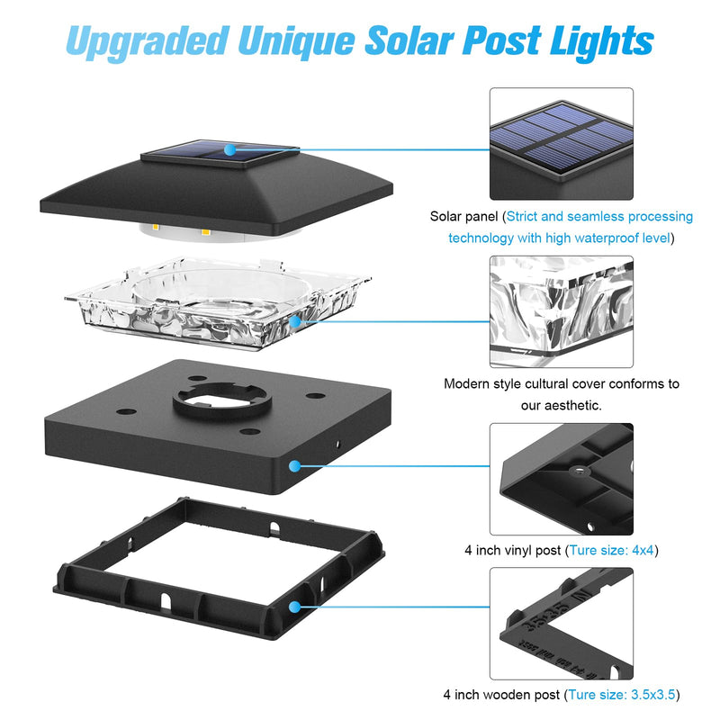 VOLISUN 4x4 Solar Post Cap Light 6pack,Solar Fence - Cap Lights Outdoor Waterproof for Wooden/Vinyl Post,Black Deck Post Cap Light Solar Powered with Warm White for Garden/Patio/Porch Black 6 Pack