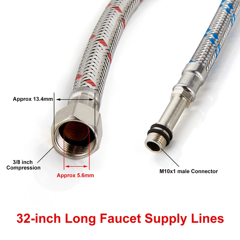 Midanya 32-Inch Long Faucet Connector, Braided Stainless Steel Supply Hose 3/8-Inch Female Compression Thread x M10 Male Connector, x 2 Pcs (1 Pair) 32 Inch
