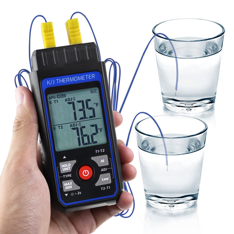 Thermocouple Thermometer Digital Dual Channels K/J Type Thermometer with 4 K-Type Thermocouples, -328~2501℉ Measuring Range Temperature Meter HVAC Thermometer with Alarm & ADJ Compensation Digital 2 Channels Thermometer
