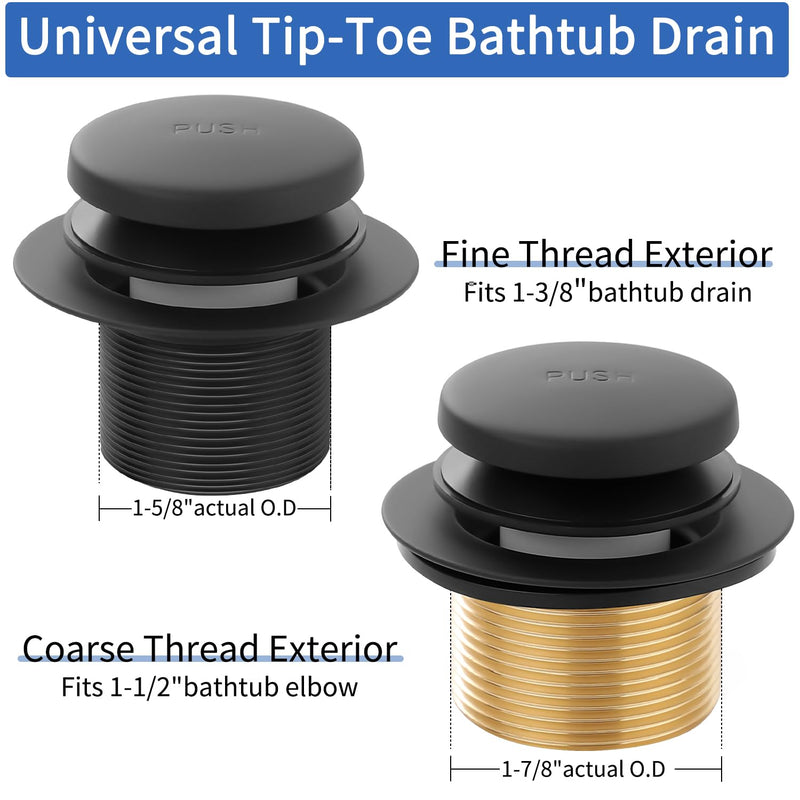 Matte Black Bathtub Drain Tip-Toe Tub Trim Set with Two-Hole Overflow Faceplate Bathroom Tub Drains Replacement Conversion Tub Drain Kit Assembly with Universal Fine & Coarse Thread Matte Black