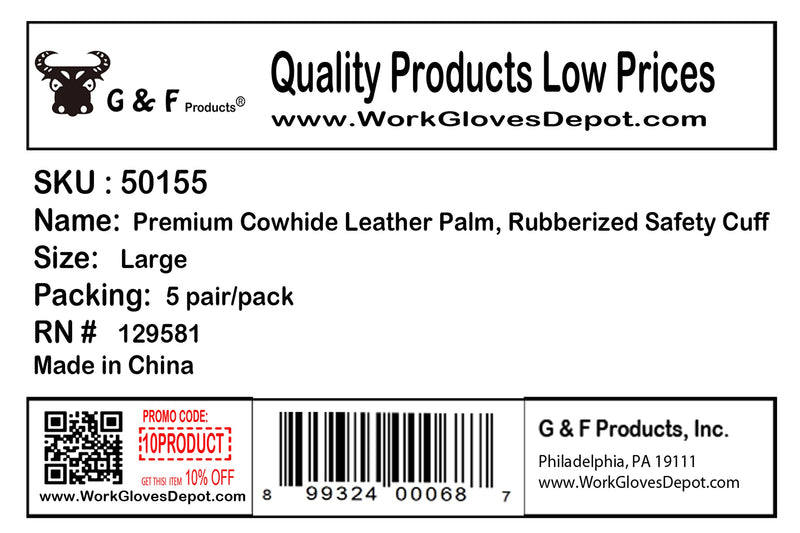 5015 5 Pair Pack Leather palm work gloves cowhide leather suede finish, single or double palm Large (Pack of 5) Safety Cuff Regular Grade