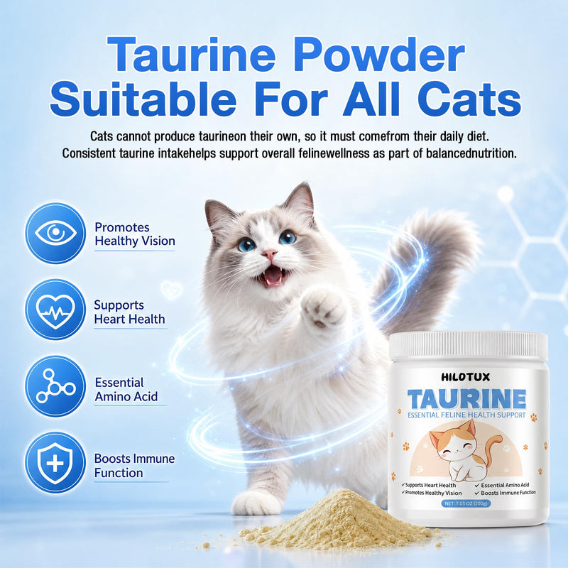 Taurine for Cats, Taurine Supplement, Pure Taurine Powder Supplement for Heart, Vision, Immunity & Daily Vitality, Unflavored, Easy Mix - 200g (40 Servings)