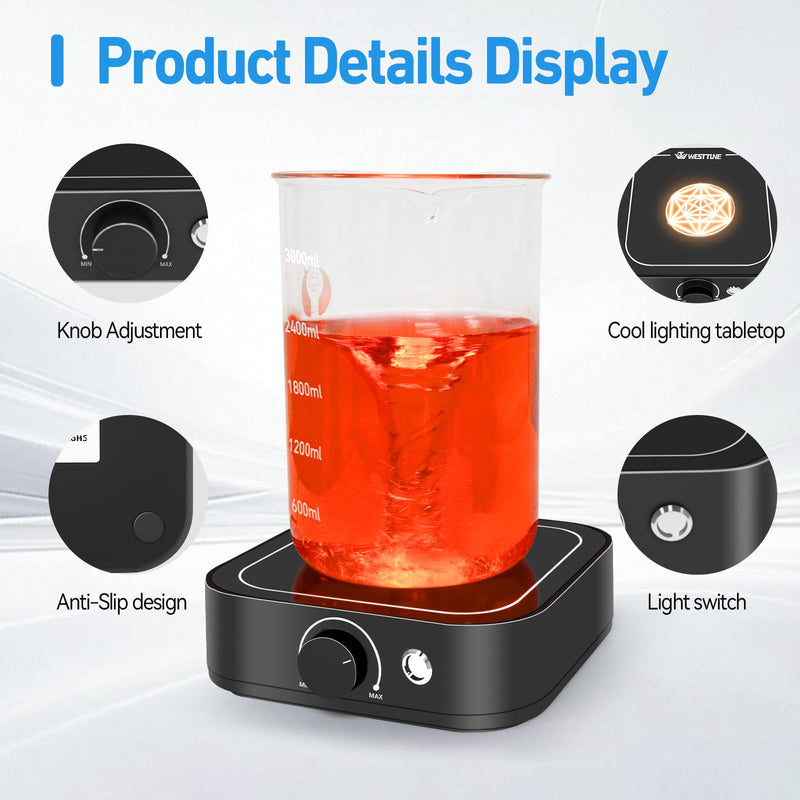 Magnetic Stirrer 3000rpm with LED Light, Magnetic stir Plate with 2pcs Stir Bar, Mini Magnetic Mixer Stirrer Max Stirring Capacity 3000mL for Lab and Homebrew (No Hot Plate)