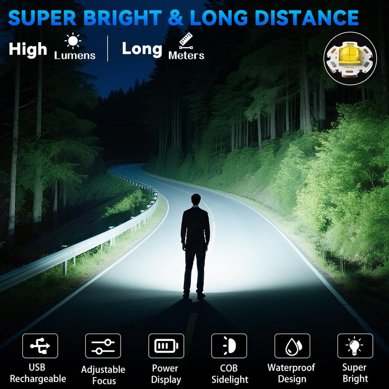 4Pack Flashlights High Lumens 9900FL, 7Mode Flashlight Rechargeable with LCD Digital Display, Rechargeable Flashlights with COB Light, Adjustable Super Bright Flashlight, Powerful Tactical Flash Light 4Pack