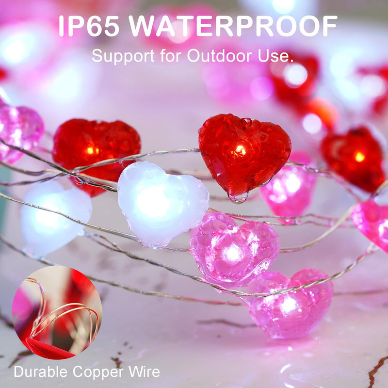 Valentines Day Decor 10 ft 40 LEDs Red White Pink Heart String Lights Battery Operated Garland Valentines Day Lights with Timer Valentines Day Decorations for The Home Indoor Mother's Day Red White and Pink