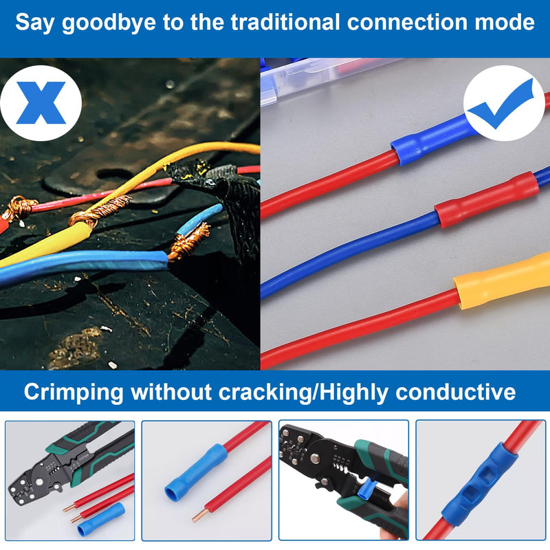 smseace 210 Pcs Butt Splice Connectors Kit 22-10AWG Butt Wire Connectors Assorted Butt Splice Crimp Connectors Wiring Straight Crimps Terminals for 22,20,18,16,14,12,10 Gauge Wires