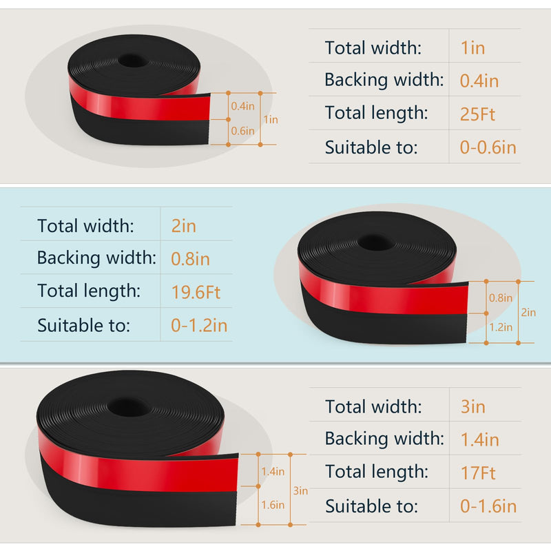 Wide Silicone Weather Stripping Door Seal, Strong Adhesive Door Draft Stopper, Door Sweep Draft Stopper for Doors Gap&Under Bottom Garage Door, Glass Shower Door, Sliding Door, 2" x 20 ft, Black 2In Width,20Ft Length