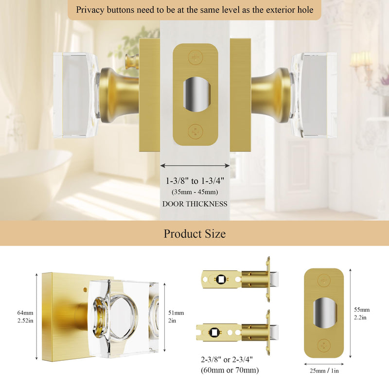 Brushed Gold Door Knob Privacy Crystal Glass Interior Lock, Satin Brass Modern Square Bedroom Bathroom Lockable Door Handle 1 Pack Privacy