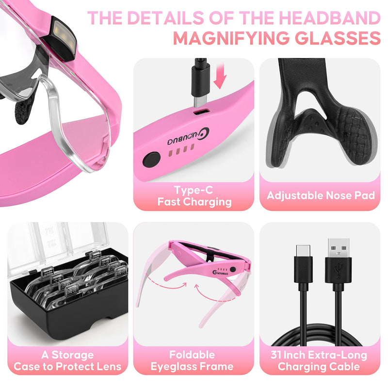 Magnifying Glass with Light, 1.5X-5.0X Magnifying Glasses, Rechargeable Magnifier Headset with Light, Head Magnifier with 4 Detachable Lenses, Magnify Glasses for Close Work Crafts Jewelry Pink Magnifying Glass With Light