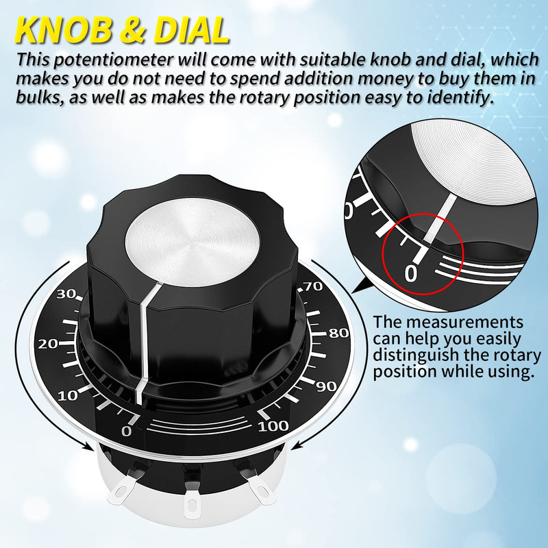Joinfworld 10K Potentiometer Single Turn Carbon Film Rotary Potentiometer 10K Ohm with A03 Knob & Dial for Inverter Speed Regulation Motor Speed Control