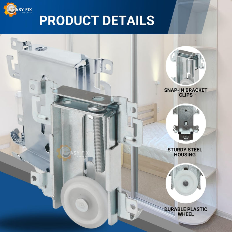 Steel-Framed Mirror Bottom Closet Door Roller Assembly Convex 1-7/16" Wheels | Roller Replacement for Closet Mirror Wardrobe Doors | Nylon Flat Roller Wheels (4 Pack) Pack of 4