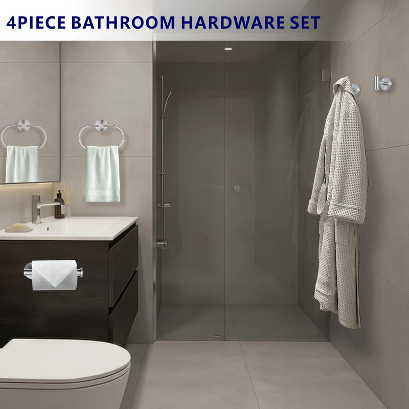 Bathroom Hardware Set Includes Towel Ring, Toilet Paper Holder and 2 Towel Hooks, SUS304 Stainless Steel Modern Wall-Mounted Bathroom Set, Rustproof Bathroom Fitting Set (Brushed Nickel) Brushed Nickel