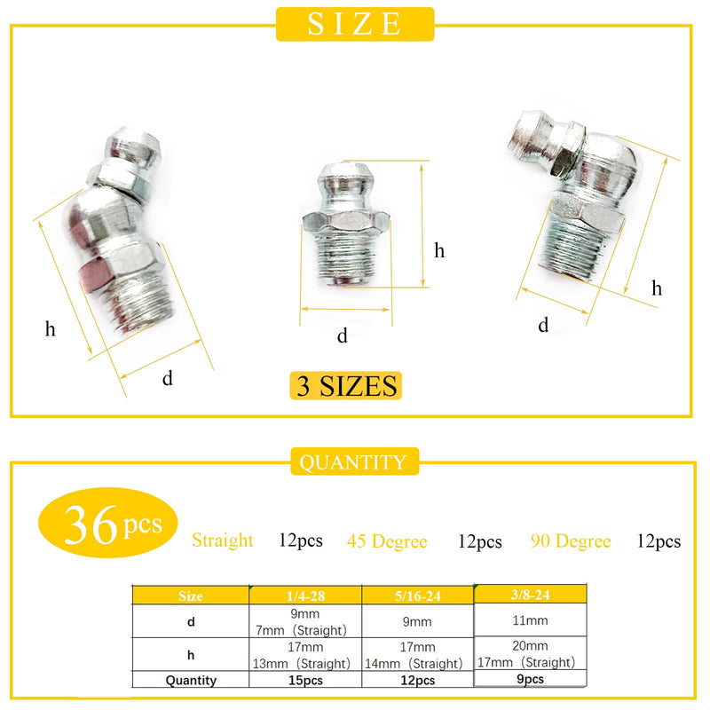 1/4"-3/8" 36Pcs 3 Sizes Grease Fitting Assortment Straight 45 90 Degree Grease Zerk Fittings, Galvanized Steel Grease Fittings and Grease Gun Tips for Industrial/Agricultural Machinery Yoliko 3Size-36Pcs - NewNest Australia