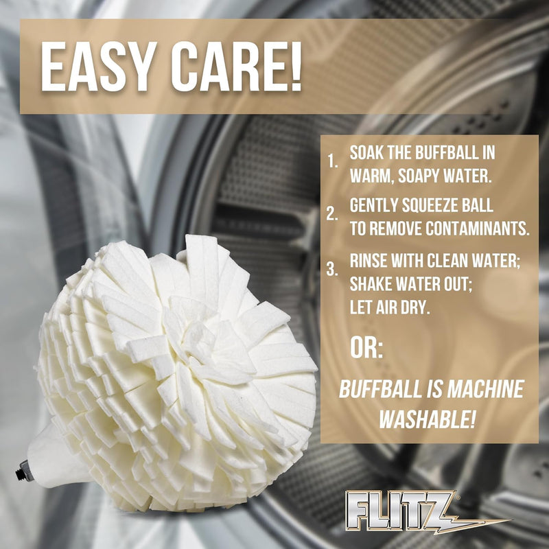 Flitz Buff Ball w/ 1.76oz Metal Polish Paste - 5in Drill Buffer Polisher Attachment for Any 3/8in Drill - Self-Cooling, Washable Polishing Ball to Buff, Shine, & Protect All Metals, Plastics (1 Pack) 5 Inch