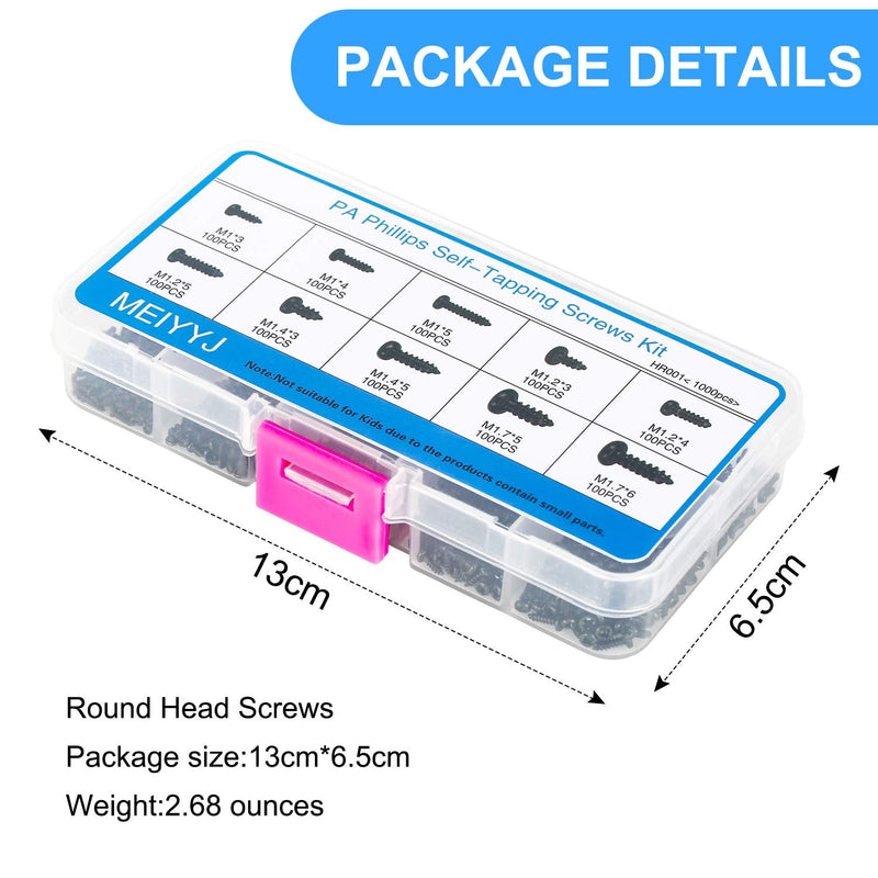 10 Kinds Small Multi-Purpose M1 M1.2 M1.4 M1.7 Phillips Head Micro Screws Self-Tapping Electronic Screws Assortment Kit Pack of 1000 Black