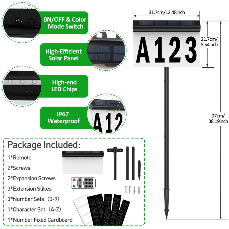 T-SUN Solar House Numbers for Outside: Color Changing Solar Address Number Sign with Remote Control, 9 Modes RGB&3000K, Waterproof LED Illuminated Address Plaques for Outdoor Yard Street Home 2023-Wall Mounted