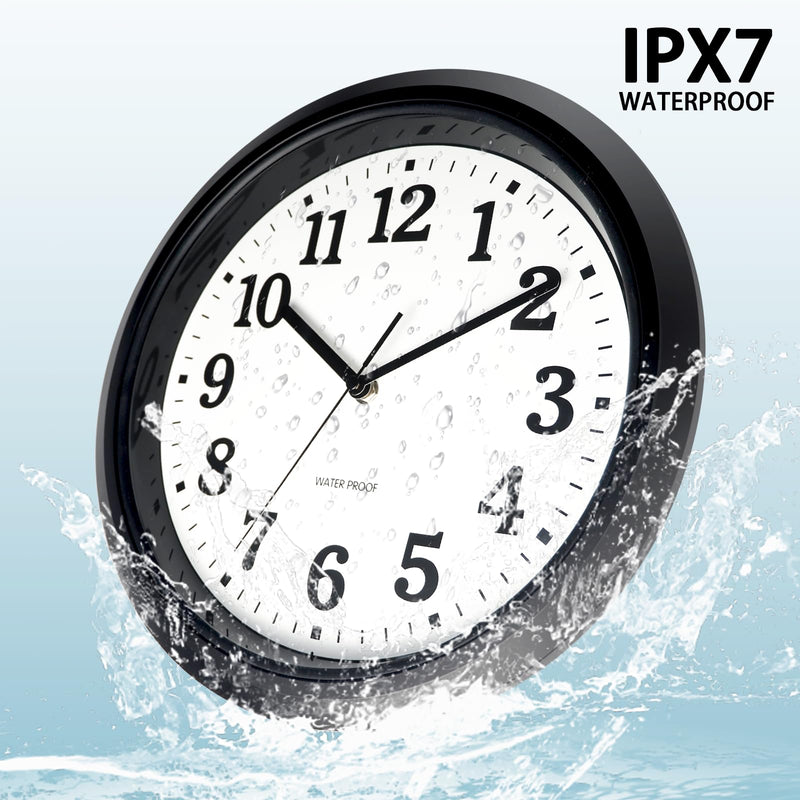 Caysie 12 Inch Sealed Indoor Outdoor Waterproof Wall Clock, Durable Silent Non-Ticking Battery Operated Quality Quartz Round Clock, Wall Decorative for Patio, Pool, Bathroom (Black) 12" Black