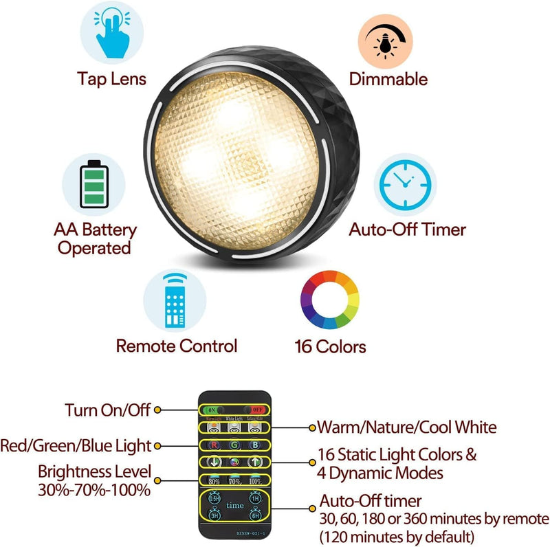 LED Puck Lights with Remote Battery Operated Under Cabinet Lighting Wireless Stick on Lights Color Changing Timer Tap Lights for Cabinets Shelves Closets Display Case - 6Pack Black 6 Pack