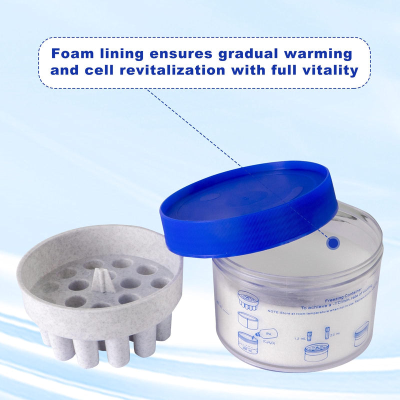 18-Well Cryobox, -1℃(-33.8℉) Freezing Container for 1.2-2mL Tubes | PC box body, HDPE cover, foam liner, isopropanol-based cooling, no liquid evaporation, -80°C compatible, lab research use
