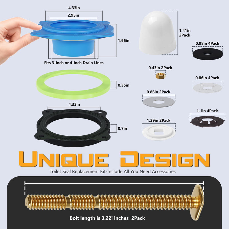 Toilet Flange Repair Kit, Universal Toilet Seal Parts For Wax Seal, Rubber Gasket Ring, Wax-Free Toilet Bowl Replacement kit Include Premium Nuts, Washers, 3.26Inch Bolts, Bolt Caps Blue