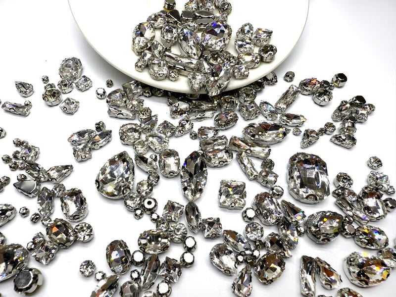 260 PCS/Pack 9 Shapes 24 Sizes Mixed Clear Crystals, Silver Sew on Glass Rhinestones,Crystal Gems Mental Flatback with Silver Claw, for Jewelry Crafts Costume DIY Garment R1-Silver