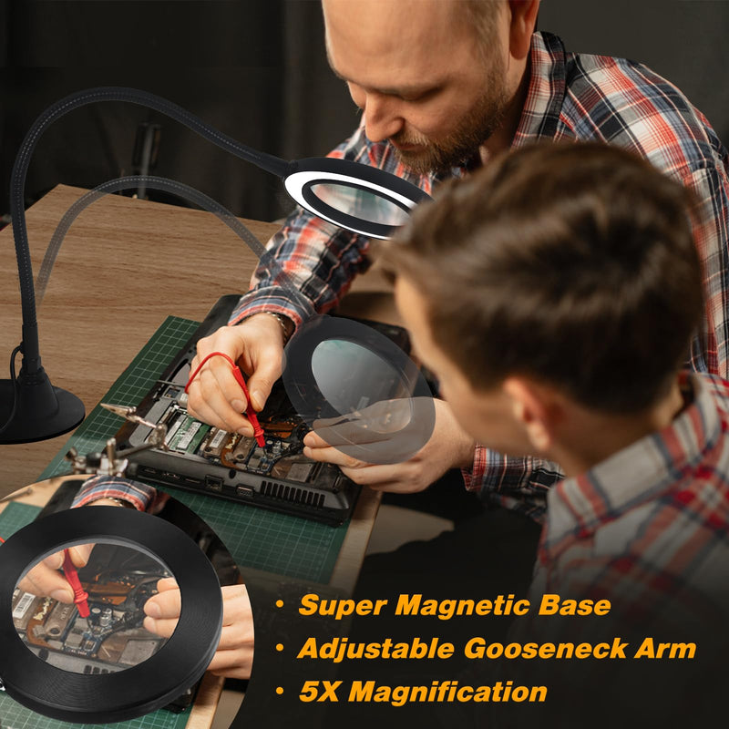 Soldering Magnifying Glass Helping Hands Magnifier, Magnetic Magnifier Lamp with 3 Color Modes, Flexible Gooseneck 5X Magnifying Glass Lamp for Helping Hands Soldering Station Solder Electronics