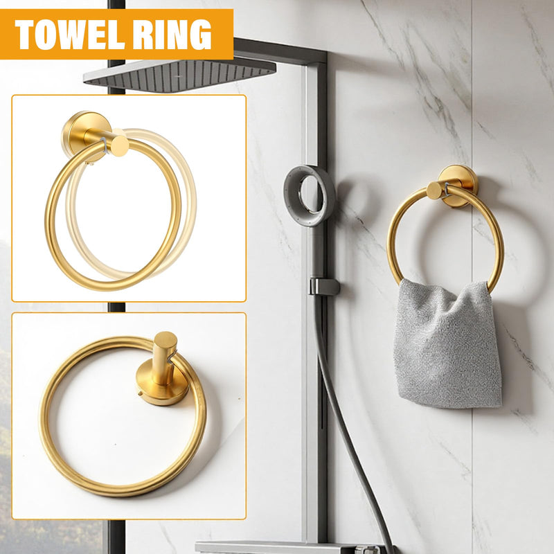 4-Piece Brushed Gold Bathroom Hardware Set, SUS304 Stainless Steel Toilet Paper Holder, Towel Ring & 2 Robe Hooks - Rustproof Wall Mounted Bathroom Accessories Kit