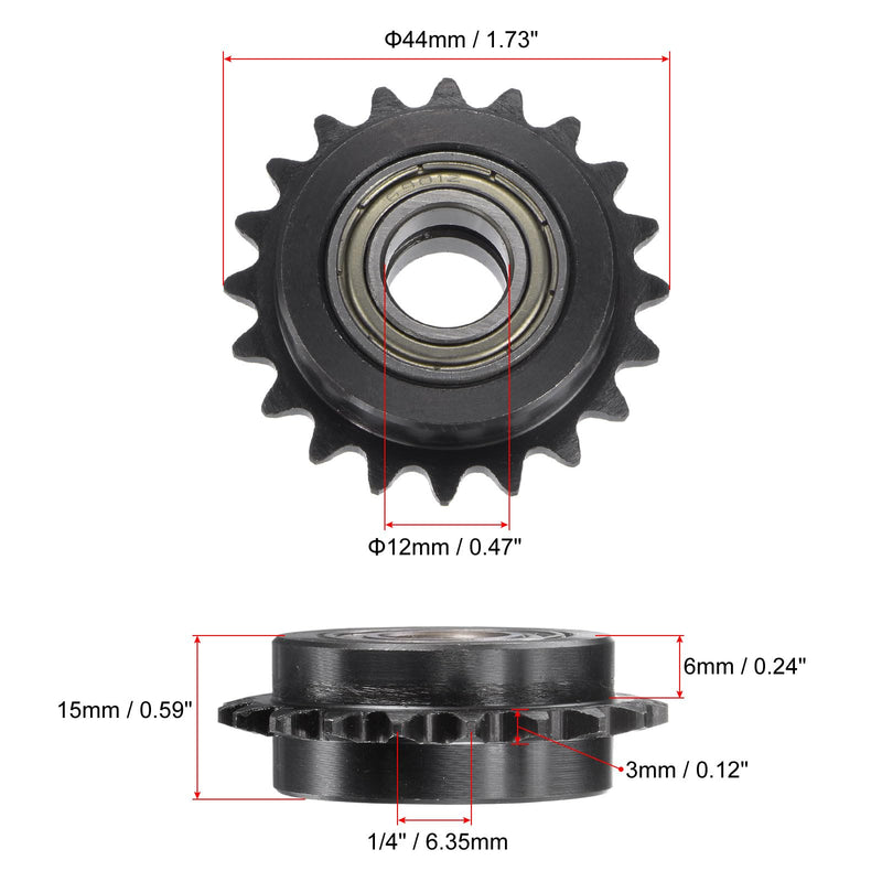 uxcell #25 Roller Chain Idler Sprocket, 12mm Bore 1/4" Pitch 20 Tooth Sprocket Tensioner, C45 Carbon Steel 25 Roller Chain Sprocket with Bearing for ISO 04C Chain, 2Pcs 44mmx12mm