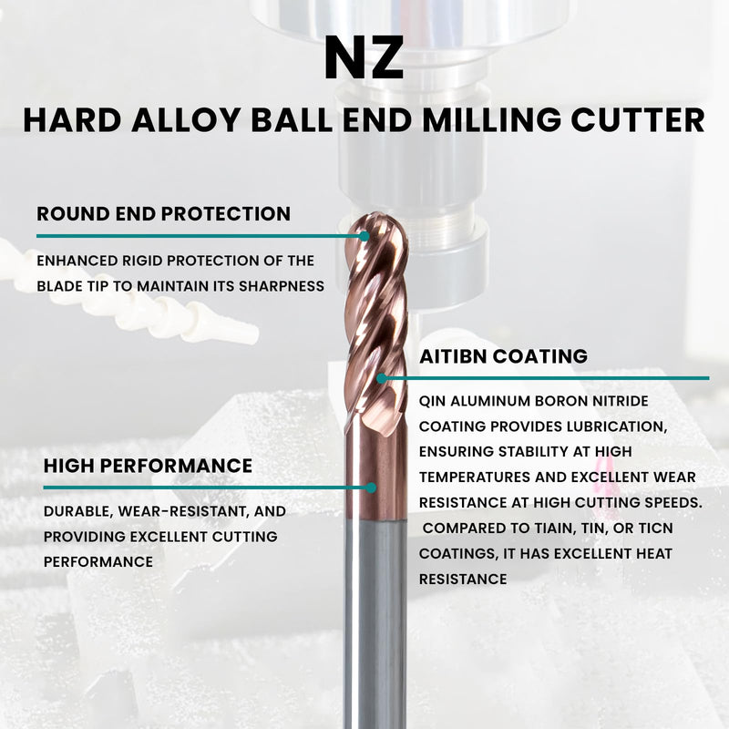 NZtools 4 Flute 1/16" Ball Nose Carbide Milling Head, 4 Flute CNC End Mill, AlTiN/TiAIN Coated Spiral Upcut Milling Cutter Tool HRC55 Microcrystalline for Alloy Steel Hardened Steel 1/16 inch 5