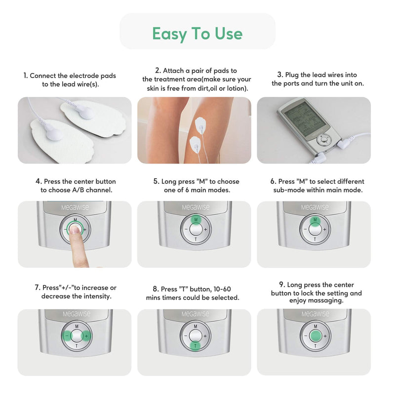 MegaWise 48 Modes（24 * 2）with 14 Premium Pads EMS TENS Unit, Muscle Stimulator for Back Pain Relief Therapy,Dual Chanel for Home use, Gift for Mum and dad Silver