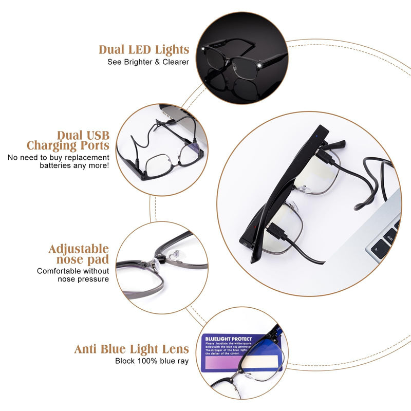 SKYWAY Reading Glasses with Light Metal Frame Magnifier Reading Glasses rechargeable Bright Led Readers Glasses for Men Women Black 2.5 x