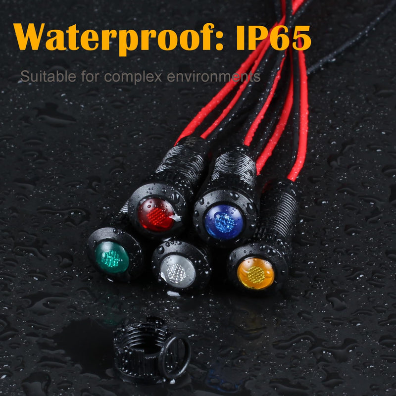 5pcs 8mm LED Indicator Light Plastic Black Signal Dot Lamp 110-220V AC 5/16" Mounting Hole Size with 15cm/5.9in. Wire (Red LED) Red 8mm 110-220V