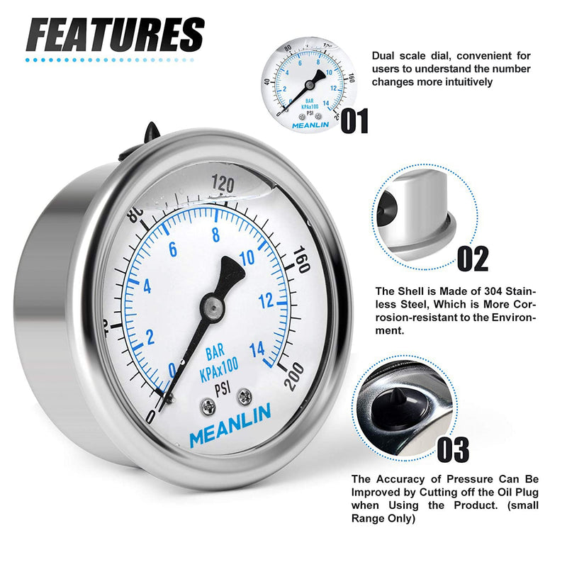 MEANLIN MEASURE 0~200Psi Stainless Steel 1/4" NPT 2.5" FACE DIAL Liquid Filled Pressure Gauge WOG Water Oil Air Back Mount (Pack of 2), with 1/2" NPT and 3/8" NPT Hex Bushing 0-200Psi (2Pcs)