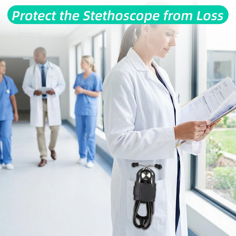 Tethoscope Holder Clip for Scrubs - PU Black Leather Stethoscope Clip for Scrubs - White Coats, Belts