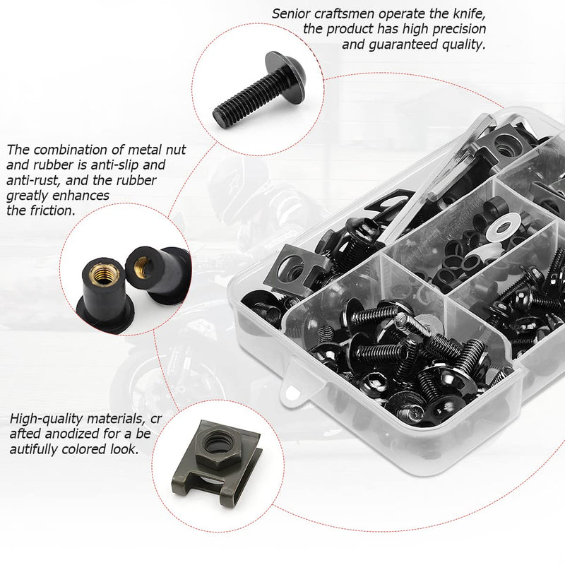 Motorcycle Fairing Bolt Kit, 177pcs M5 M6 Motorcycle Windscreen Screws, Aluminum Fasteners Fairing Bolts Nut Clips Kit, Mounting Kits Washers Nuts Screws Assortment for Sport Bikes (Black) Black