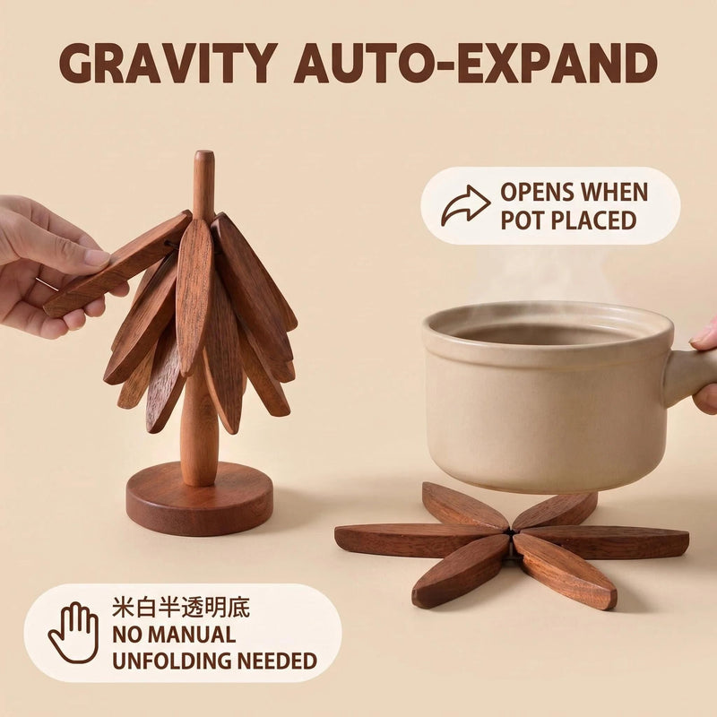 Tree Shape Wooden Trivet Set, 4 Pack Foldable Walnut Wood Hot Pot Holder with Stand, Expandable Heat Resistant Trivets for Kitchen Table Pot Pan Teapot Protection