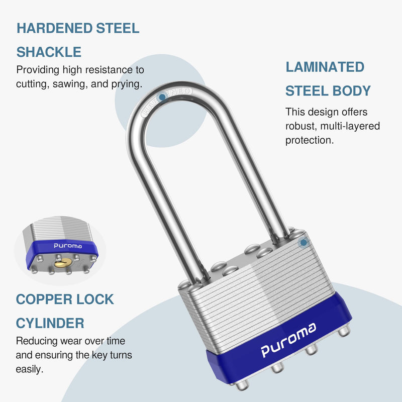 Puroma Lock 6 Pack Padlocks, 2” Long Shackle Heavy-Duty Locks with 2 Keys, 40mm Hardened Steel Keyed Alike Padlocks for Sheds, Gates, Fences, Toolbox, Outdoor and Indoor Use（Silver）