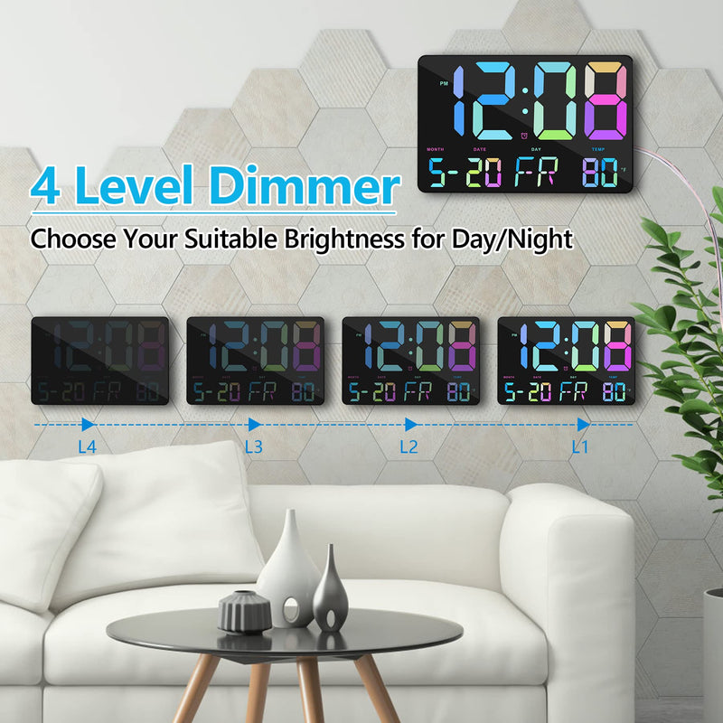 Amgico Digital Alarm Clock with Snooze, Temperature, Auto Dimming, 11.5" Large Display Calendar, Desk/Wall Clock for Bedroom, Living Room, Office, Home, Classroom,Elderly - Rainbow Black-a Rainbow