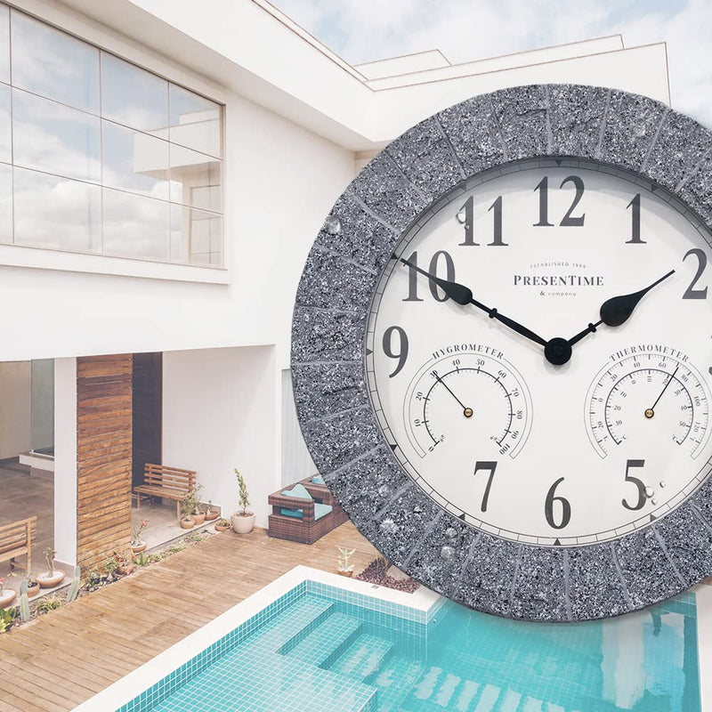 Presentime & Co Sandstone Outdoor Clock with Thermometer & Hygrometer as All in one Weather Station, 14", Gray Sandstone Finish. Weather Thermometer, Outdoor Décor, Wall Décor.