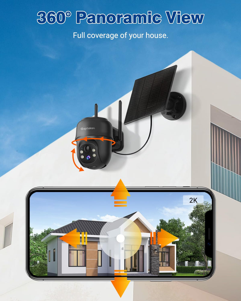 Septekon 2K Solar Security Cameras Wireless Outdoor, 360°PTZ Battery Powered Outdoor Camera, 2.4G WiFi Camera with Spotlight Color Night Vision, Motion Sensor Alarm, IP66, Black