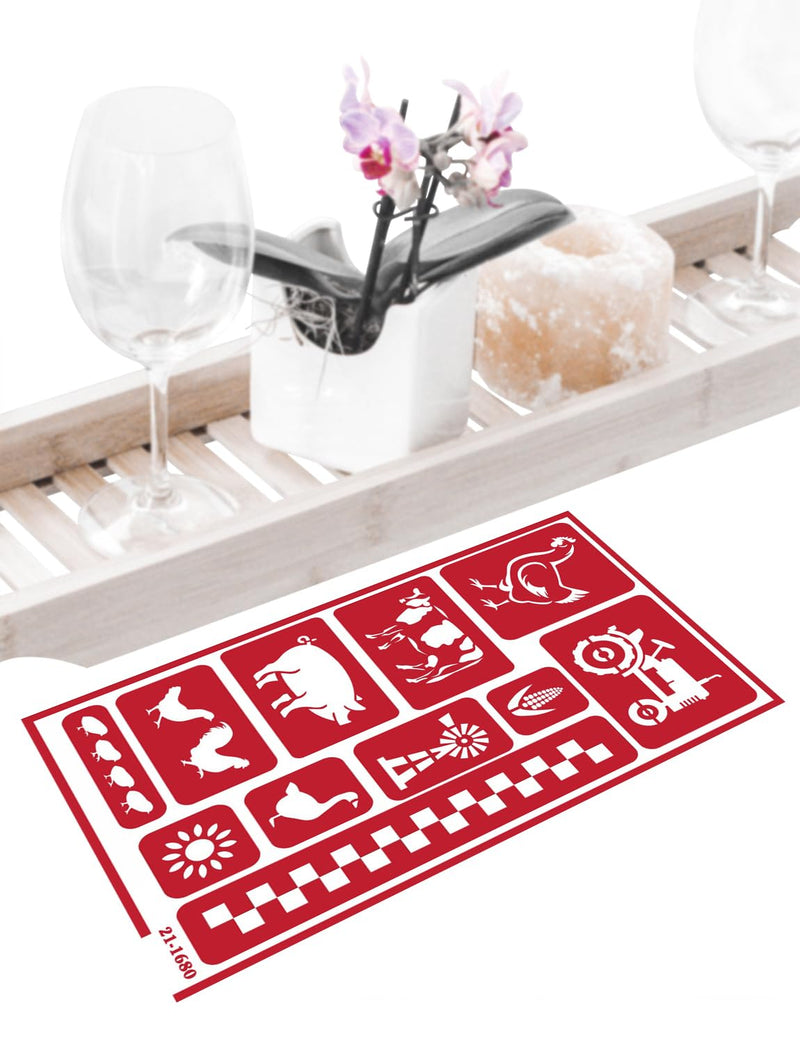 3 Reusable Glass Etching Stencils - Farmhouse, Farm Animal, Pets, Forest, Tree Theme - Designs: Rooster, Chicken, Cow, Pig, Dog, Cat, Paw - Set Includes Brush, Total 4 Items