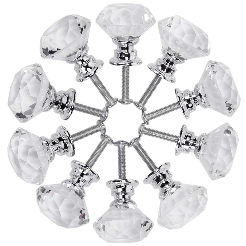 10 Pcs Crystal Glass Cabinet Knobs 30mm Diamond Shape Drawer Kitchen Cabinets Dresser Cupboard Wardrobe Pulls Handles (Clear) Clear-Silver
