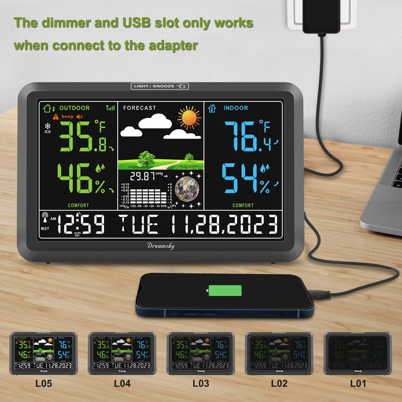 DreamSky Weather Station Indoor Outdoor Thermometer Wireless with Digital Atomic Clock for Home, Large Display with Dimmer, USB Port, Inside Outside Temperature Humidity Monitor (Adapter Powered) Black (Plug-in)